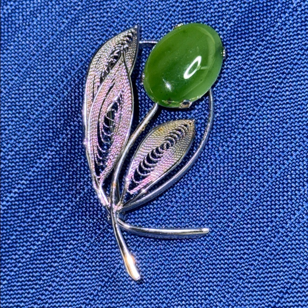 Vintage Nephrite Silver tone Filigree Flower Pin, Leaves Brooch